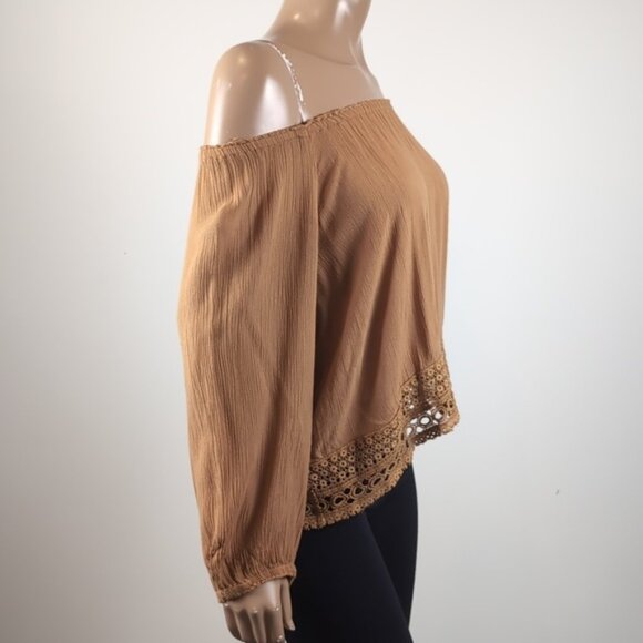 3/$20 Ardene Boho Peasant Top Off Shoulder Long Sleeve Tan Crochet Trim Blouse - Picture 8 of 12
